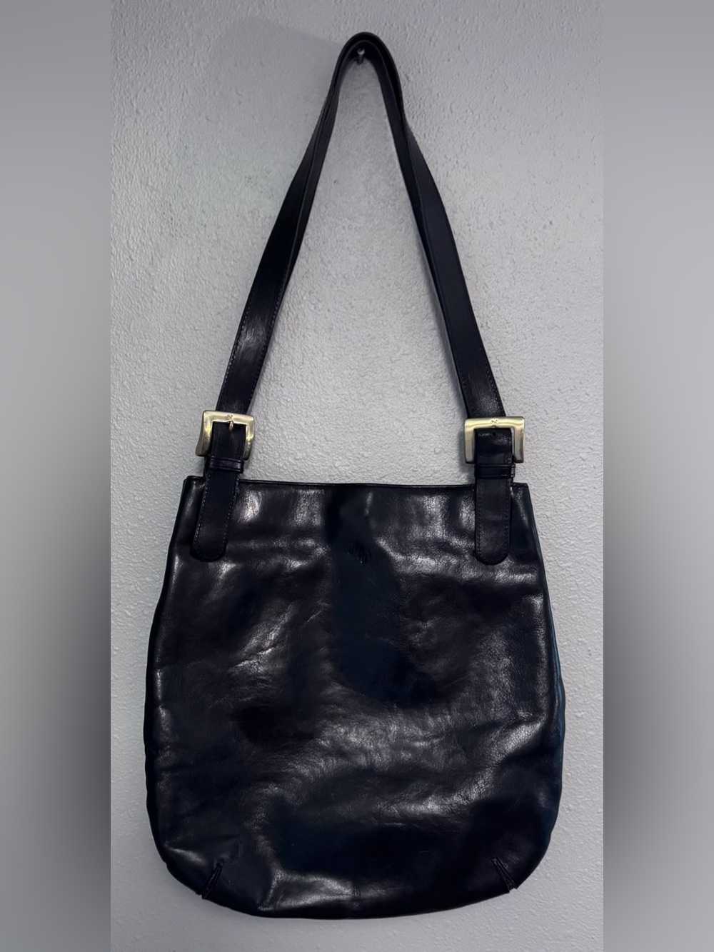 Monsac Black Leather Shoulder Bag with Gold Buckles